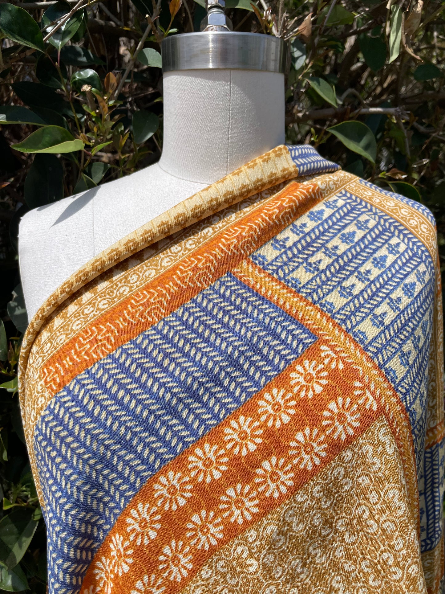 Blue Rust Yellow Gold Block Print Style Soft Rayon Crepe " Block Summer"