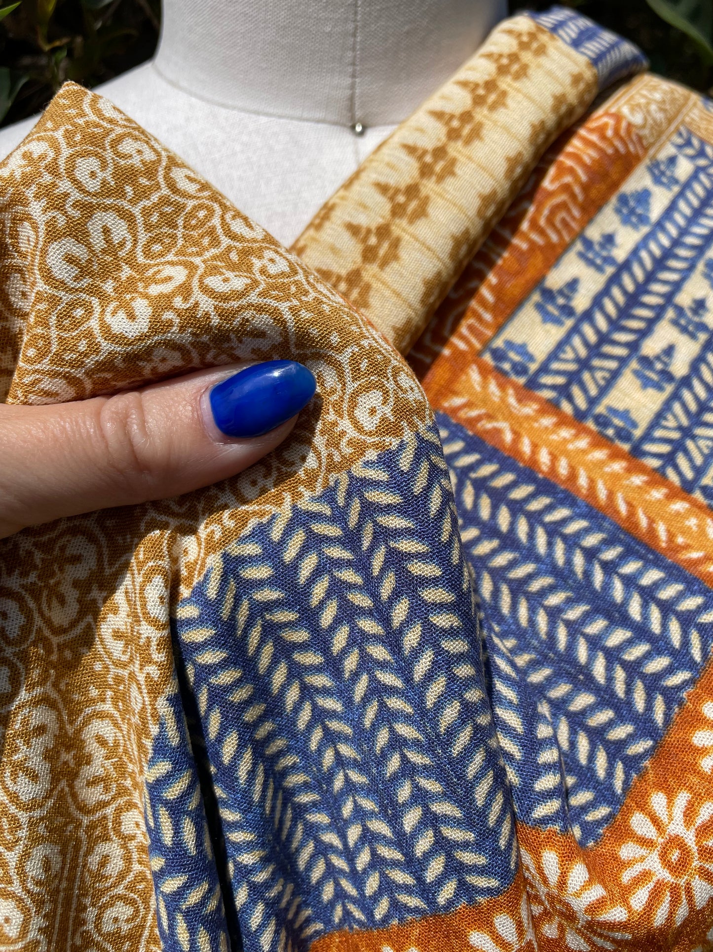 Blue Rust Yellow Gold Block Print Style Soft Rayon Crepe " Block Summer"
