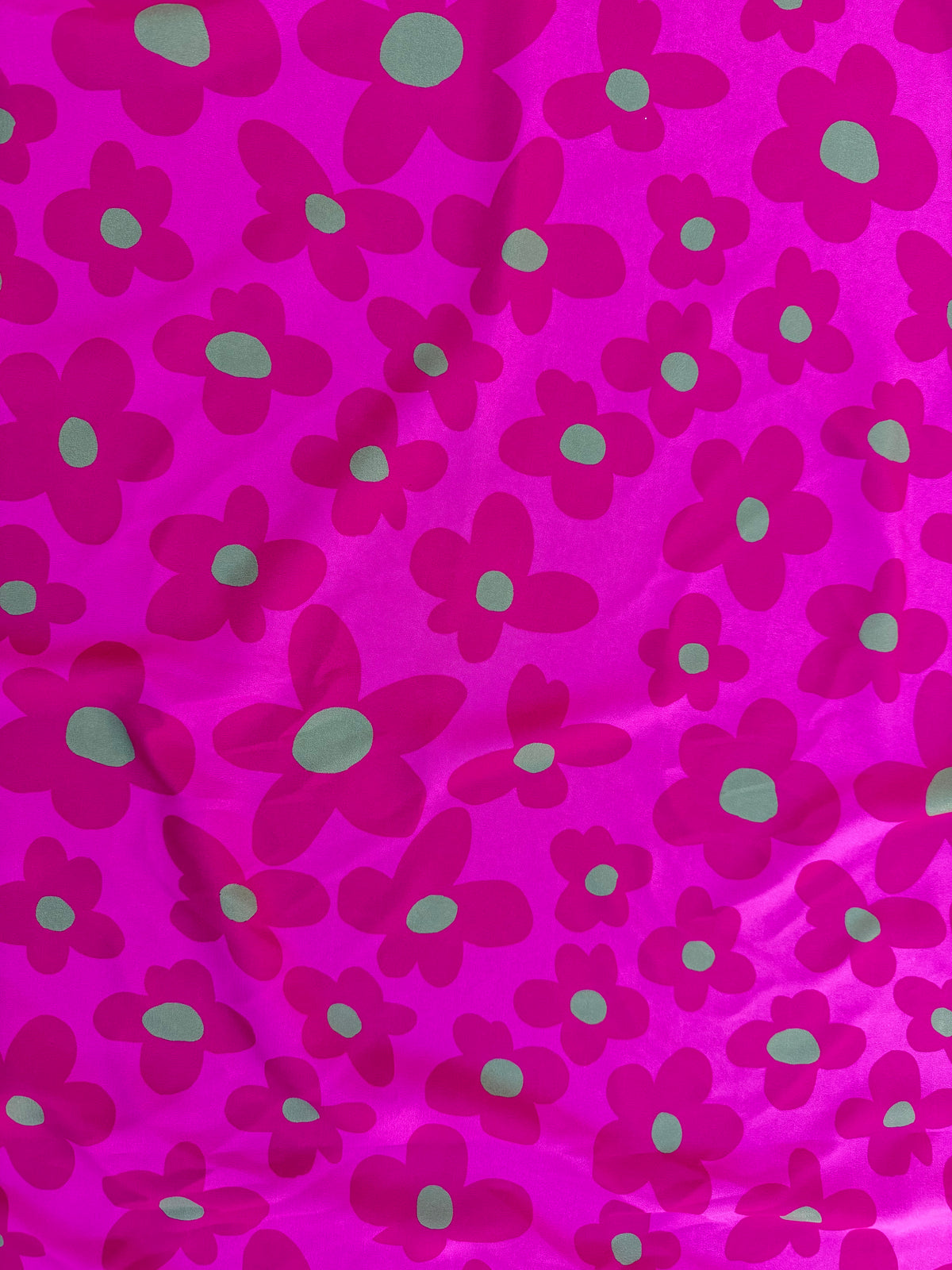 Magenta Pink Green Daisy Floral Print Polyester Crepe Woven "Loud Magenta"