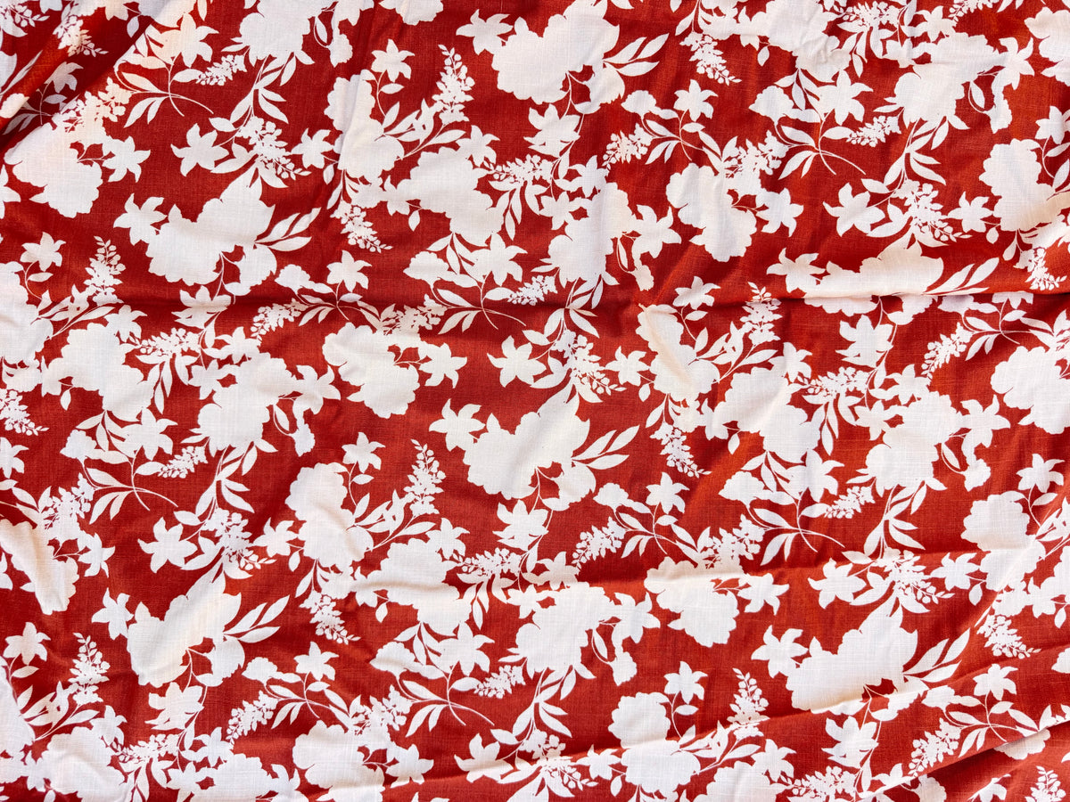 Rust Orange White Floral Textured Rayon Spandex Challis Woven "Rusty's Garden"
