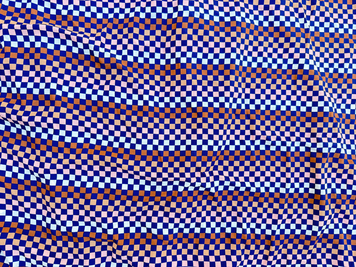Navy Blue Pink taupe white Checker Stripe Print Polyester Crepe Woven "Checker Hall"