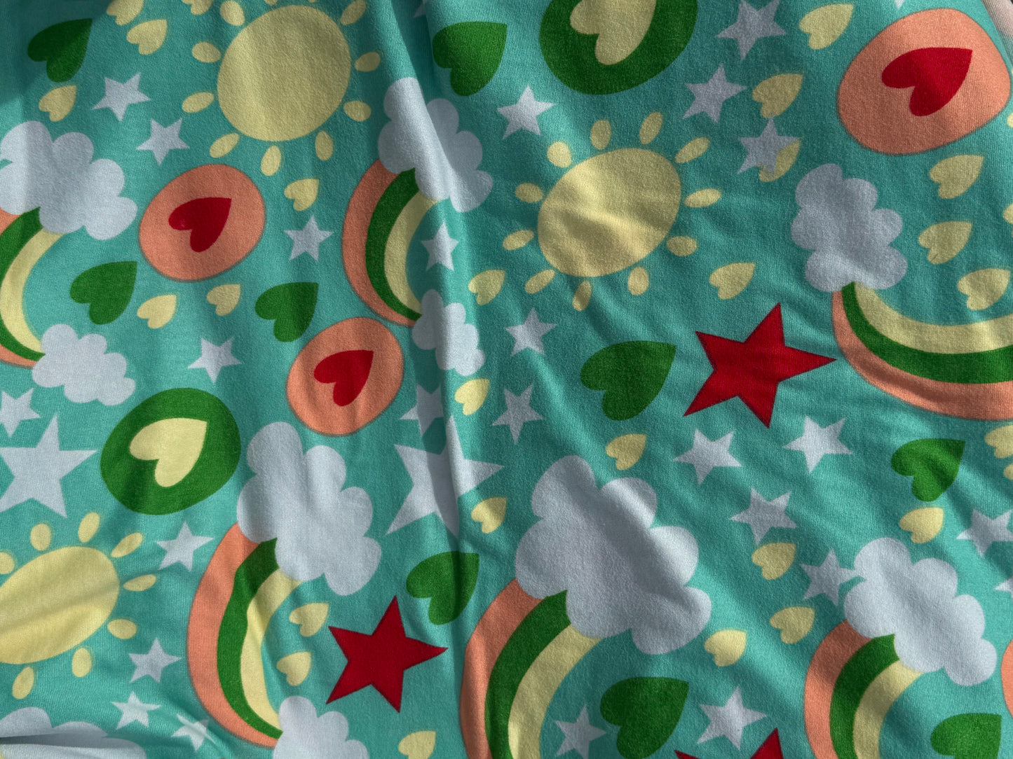 Mint Green Rainbow Cloud Star Print Polyester Spandex Brushed Jersey DTY Knit "Minty Rainbows"