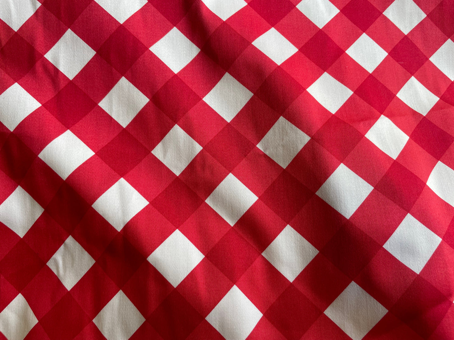 Red White Large Bias Plaid Cotton Spandex Sateen Woven "Picnic Plans"
