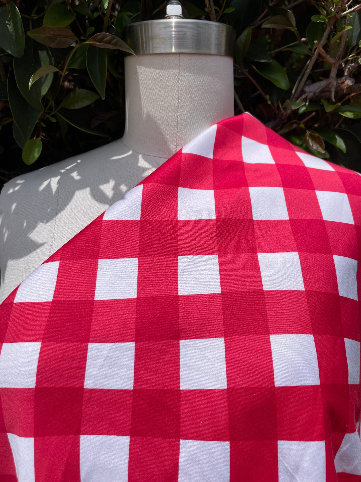 Red White Large Bias Plaid Cotton Spandex Sateen Woven "Picnic Plans"