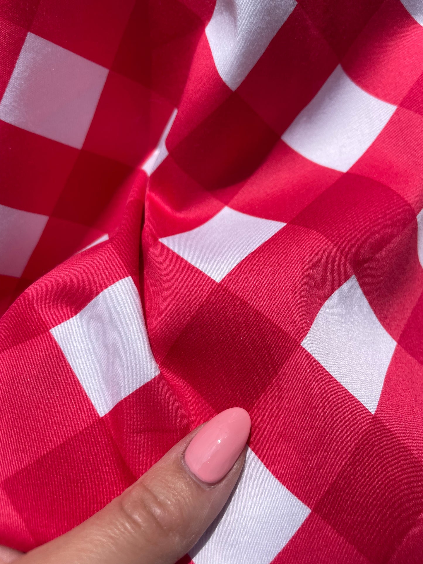 Red White Large Bias Plaid Cotton Spandex Sateen Woven "Picnic Plans"