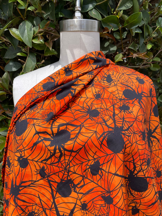 Orange Black Spider Web Cotton Quilt Poplin Halloween Print "Spidey Senses"