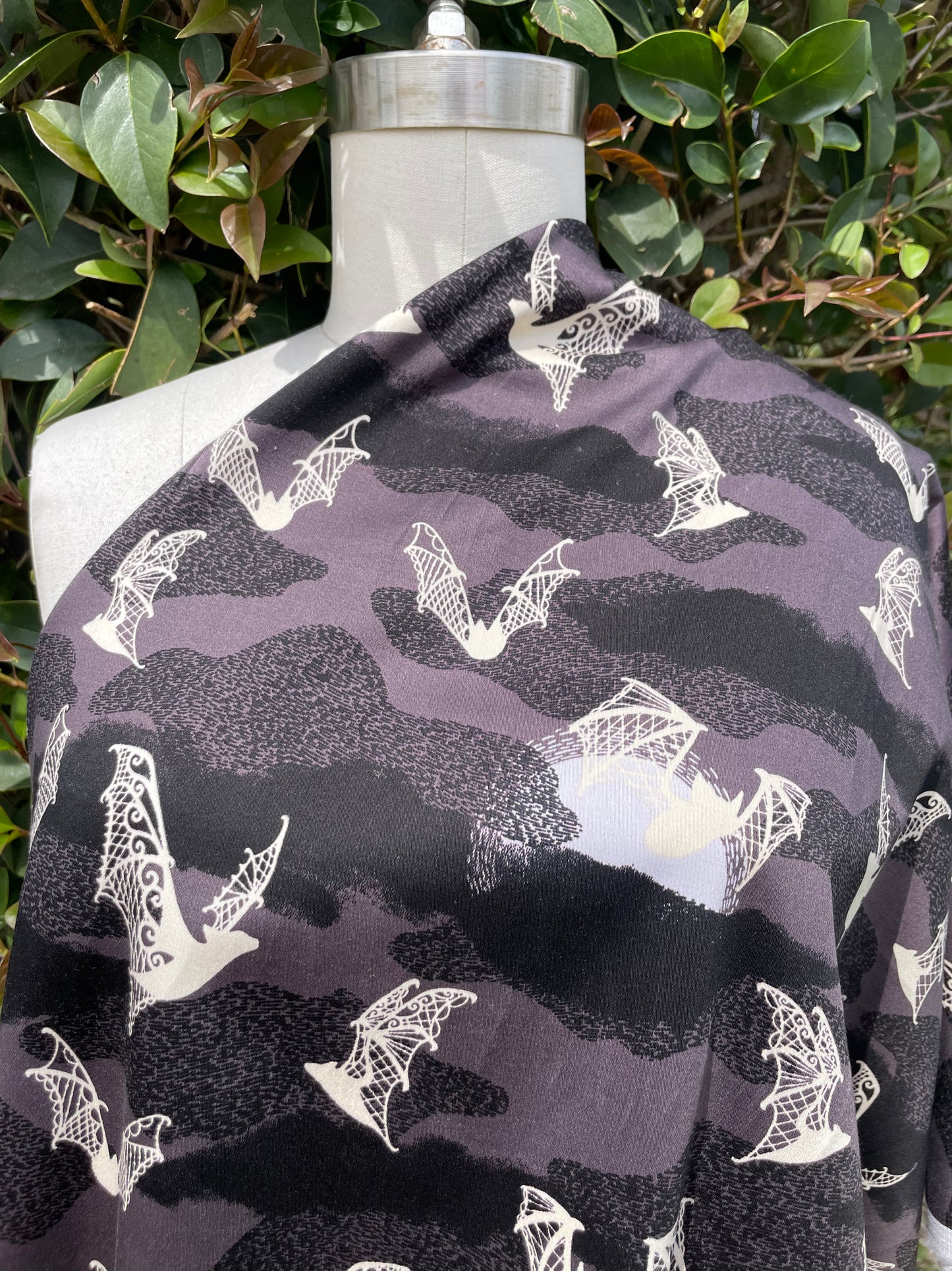 Black Grey Cream bat Animal Halloween Print Cotton/Spandex Sateen "Batty Lace"