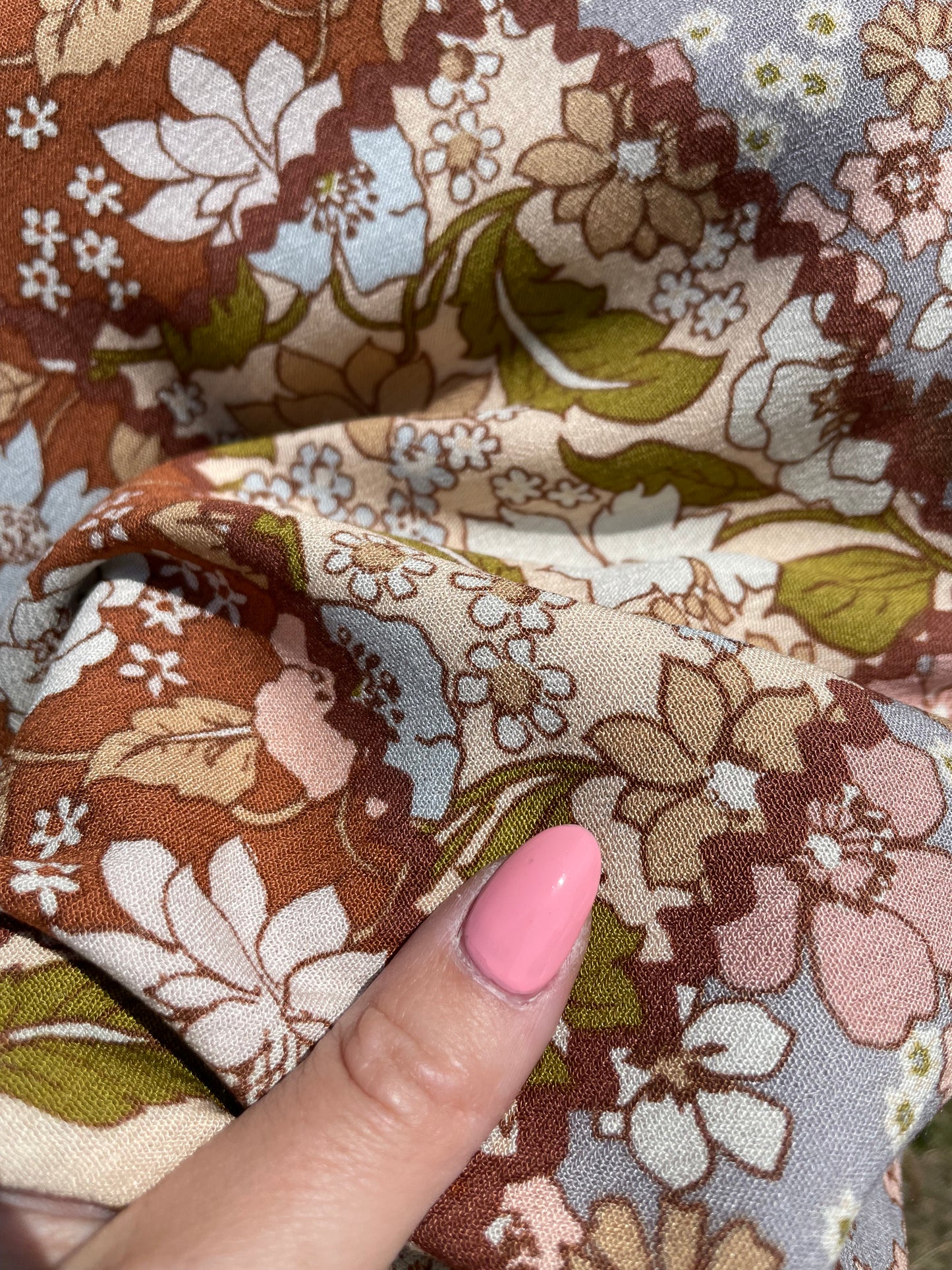 Brown Blue Pink Olive Patchwork Floral Print Soft Rayon Crepe "Messy Dolly"