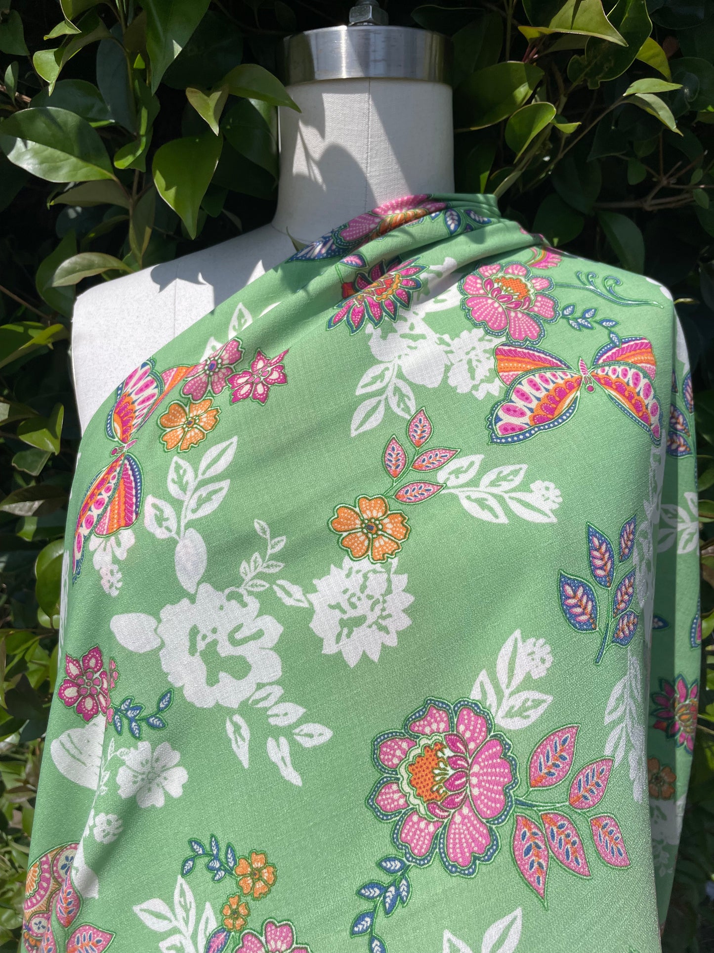 Lime Green Blue Pink Butterfly Floral Print Polyester Crepe "Summer Wings"