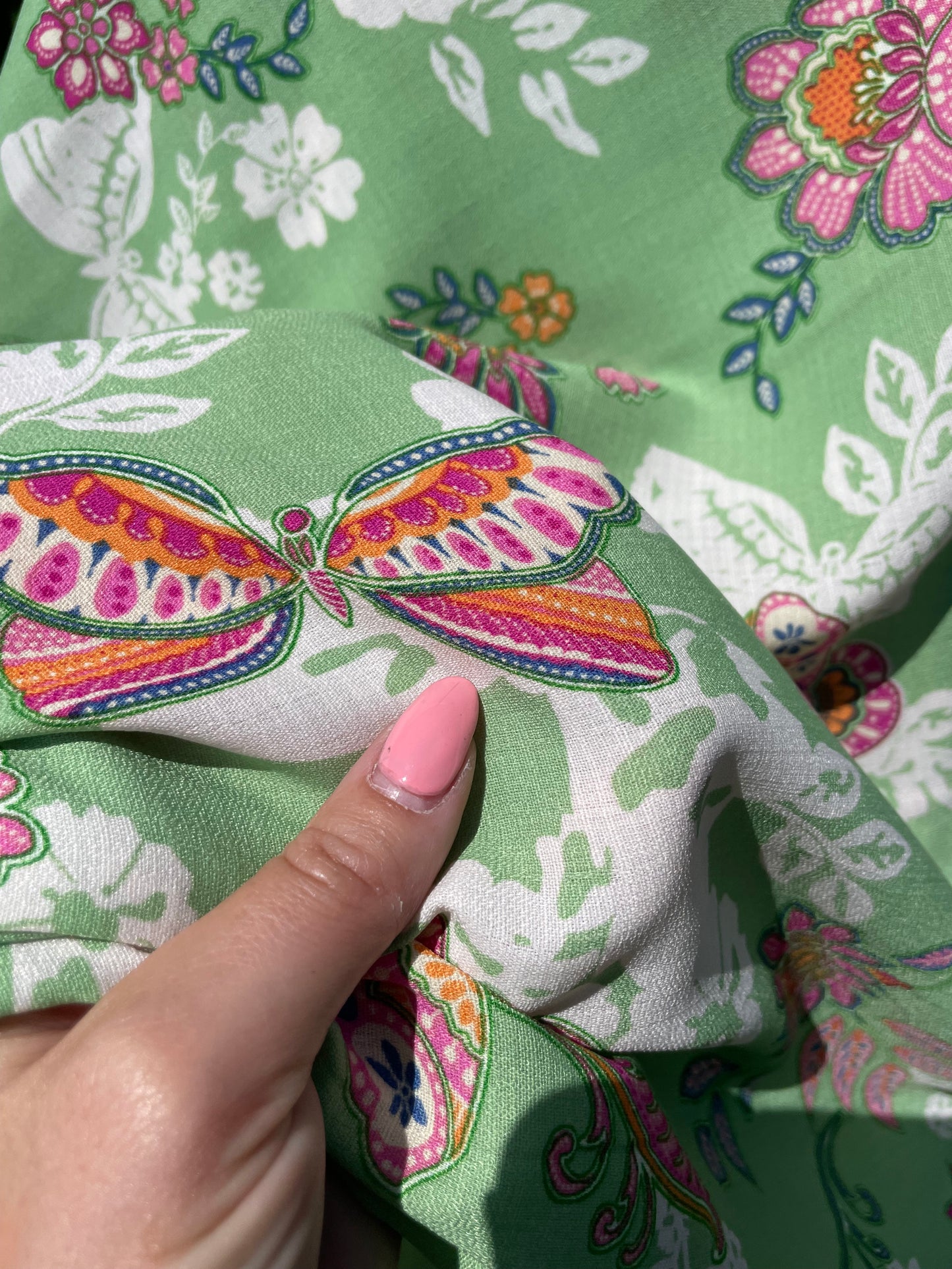 Lime Green Blue Pink Butterfly Floral Print Polyester Crepe "Summer Wings"