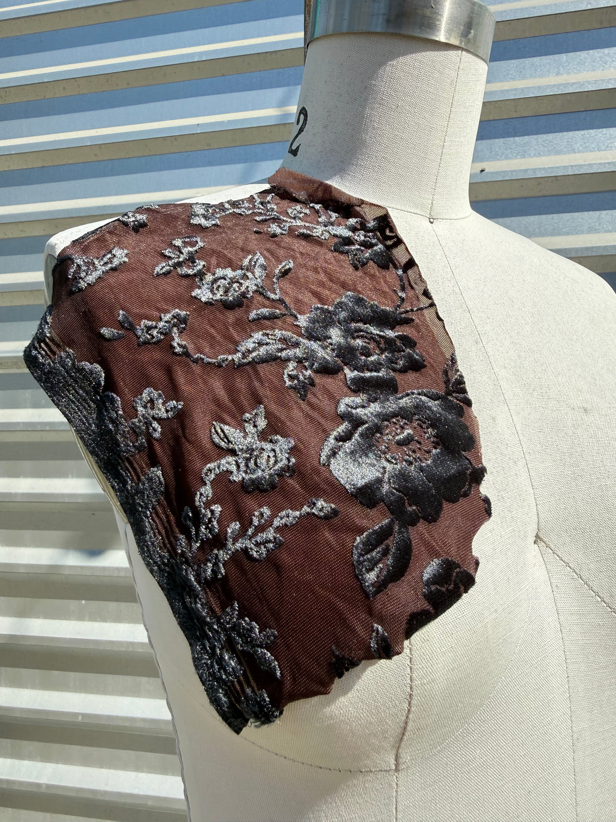 Brown Navy Floral Burnout Polyester Spandex Stretch Velvet Knit "Lenore"