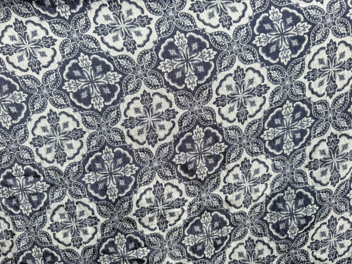 White Blue Floral Tile Print Rayon Twill Challis Woven "Give a Damask"