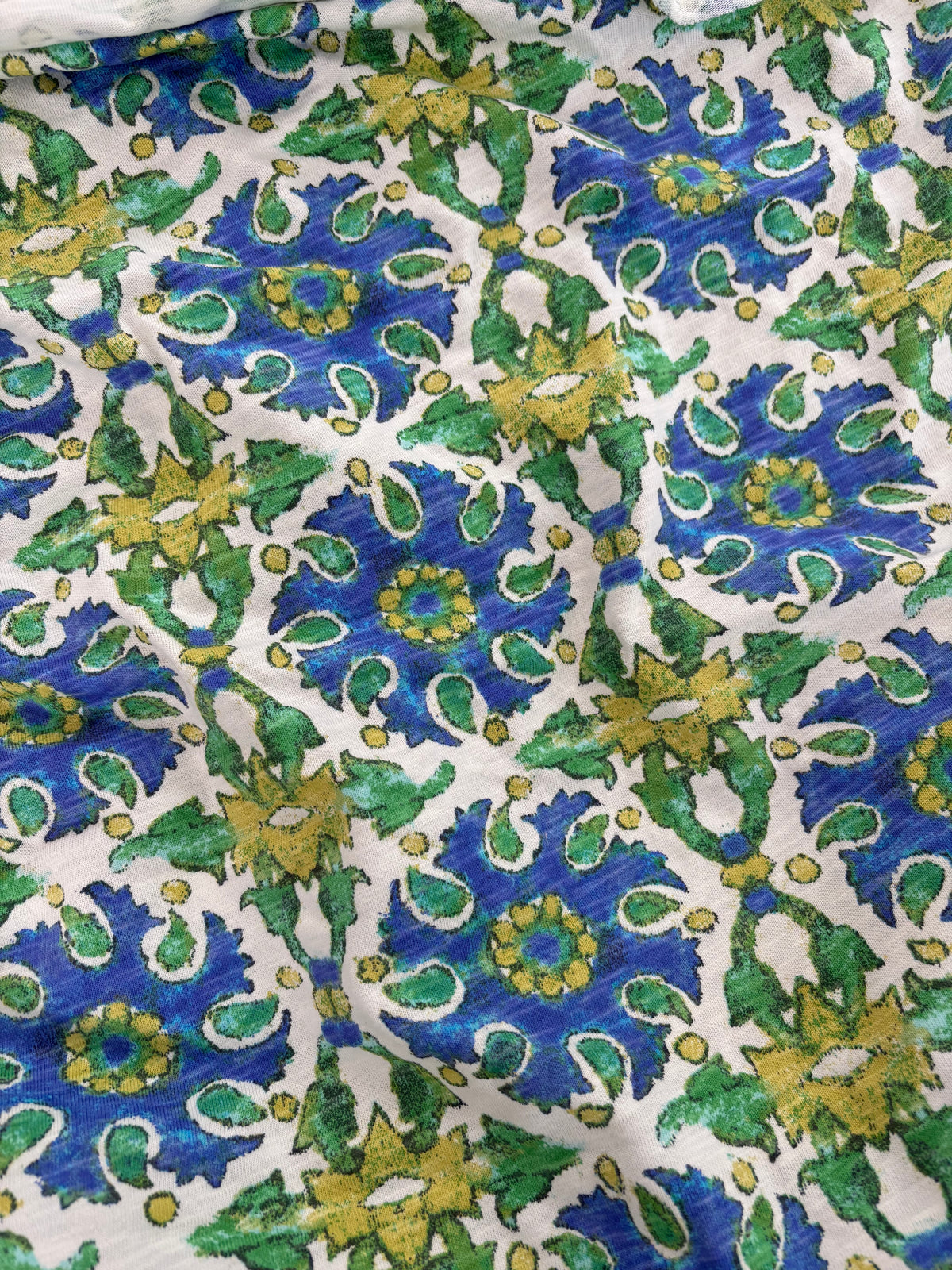 White Green Blue Block Print Slub Cotton Jersey "Athena"
