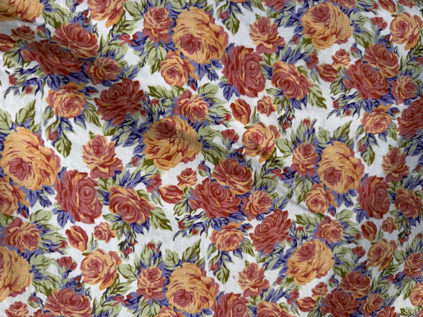 White Yellow Purple Floral Vintage 90's Print Cotton Spandex Jersey Knit "Baby Doll Buds"