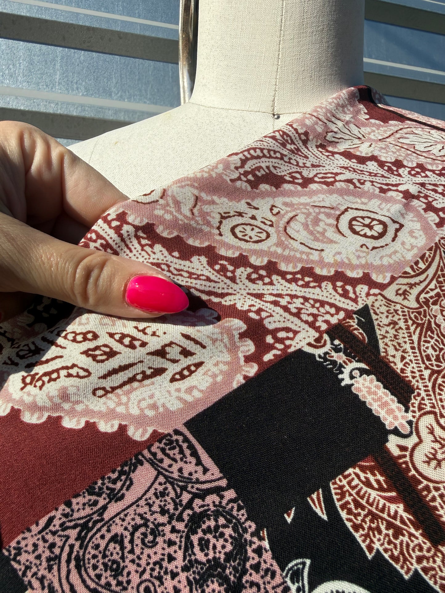Burgundy Black White Quilt Paisley Print Rayon Crepe Woven "Laura on the Field"