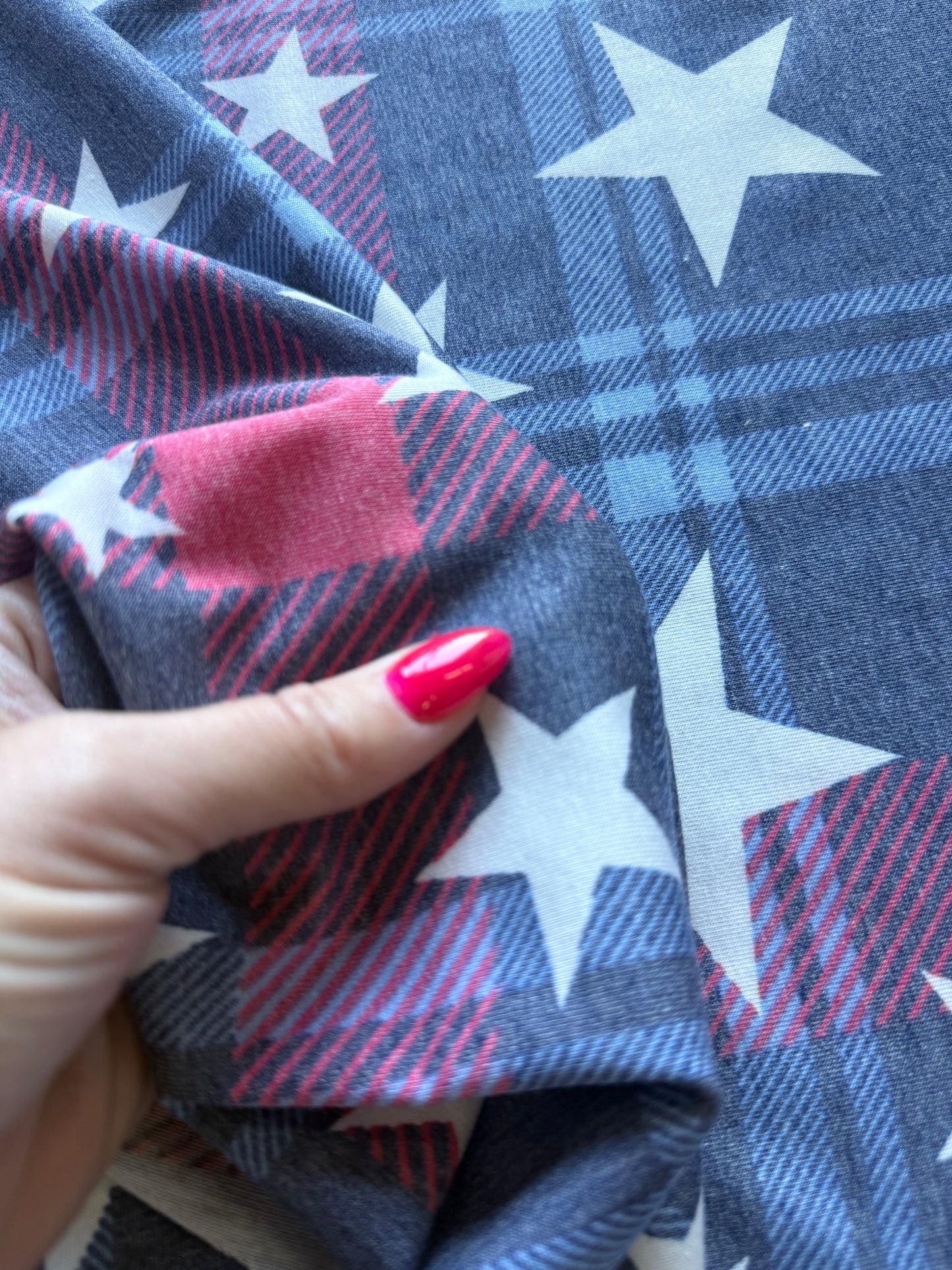 Blue Red White Plaid Star Print Rayon Spandex Jersey Knit "July Picnic"