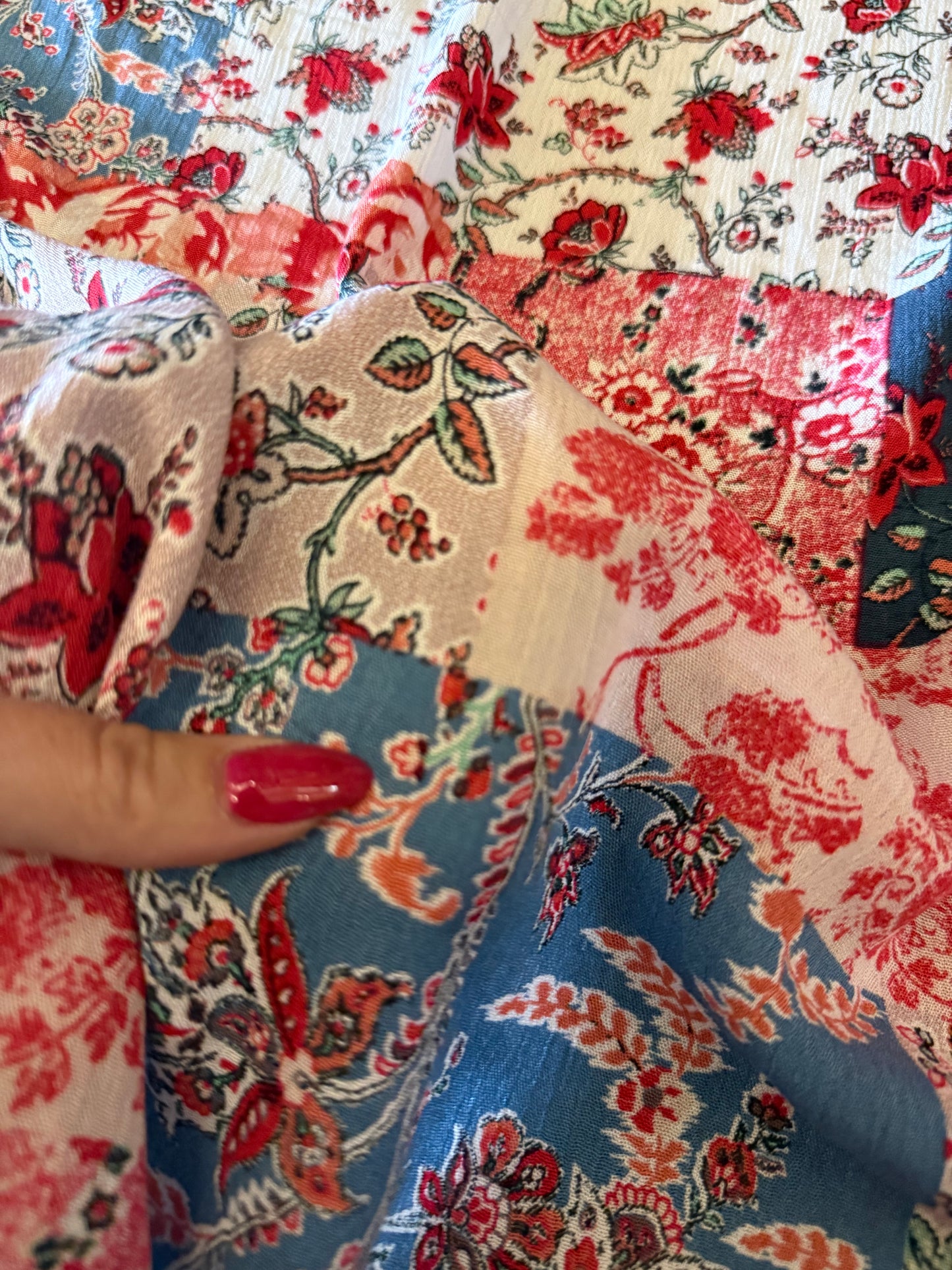 Blue Pink Floral Paisley Patchwork Print Rayon Crepe Woven "Morgan"