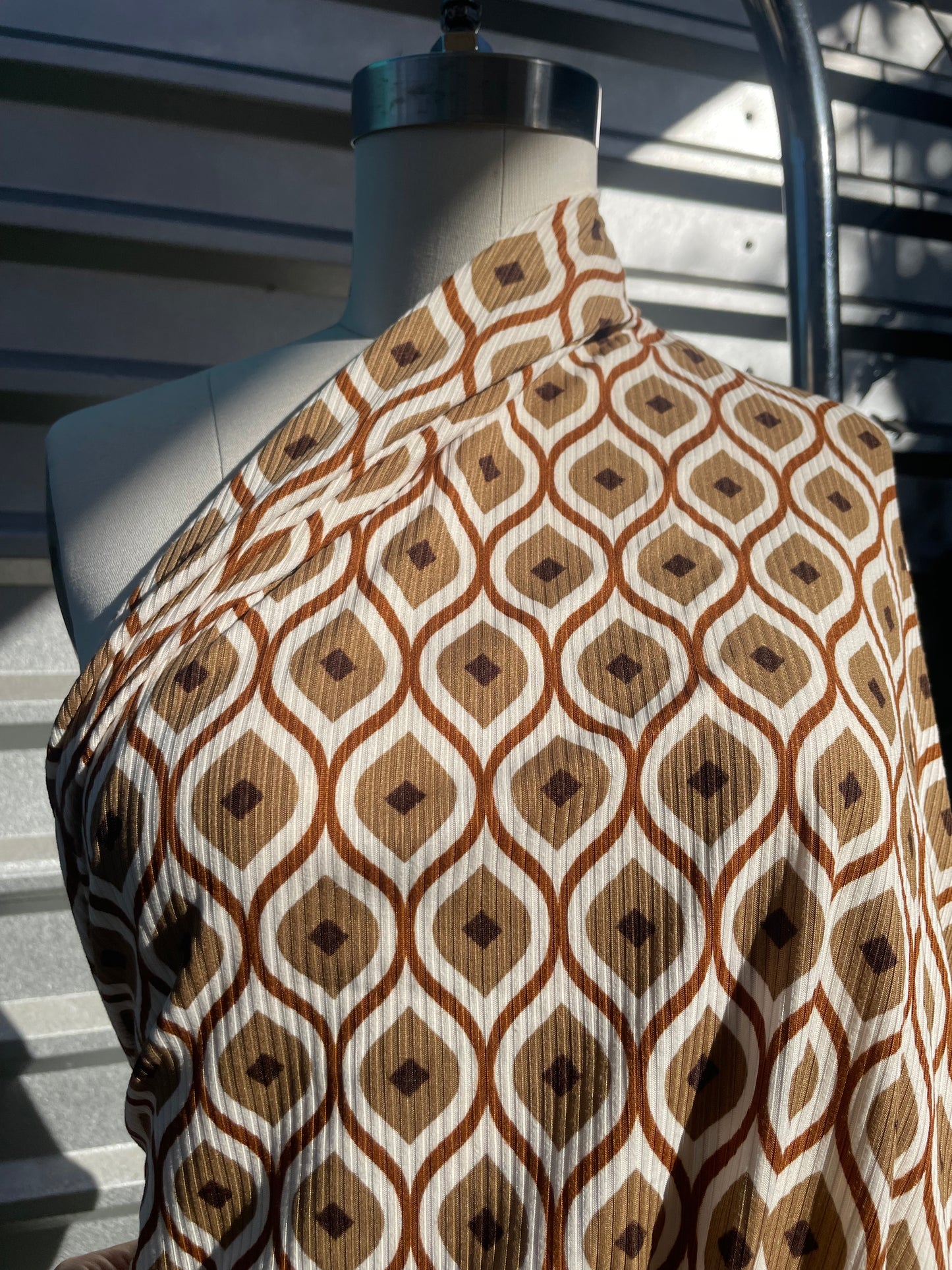 White Brown Graphic Design Retro Wave Polyester Spandex Rib Knit "Meet for Coffee"