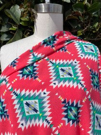 Coral Pink Green Blue Southwest Geometric Print Rayon Challis Woven "Meet in ABQ"