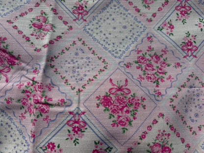 Pink white Floral Plaid Ribbon Bow Print Cotton Linen Fabric "Pretty Polly"