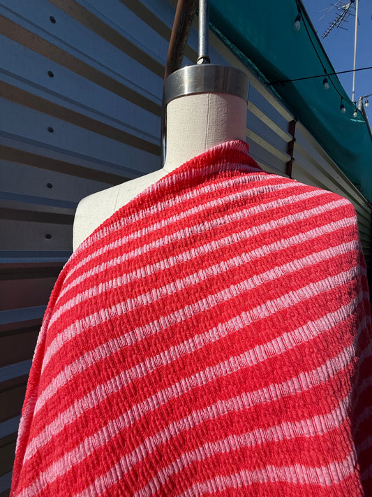 Magenta Pink Stripe Smocked Rayon Spandex Knit “Sour Rasberry"