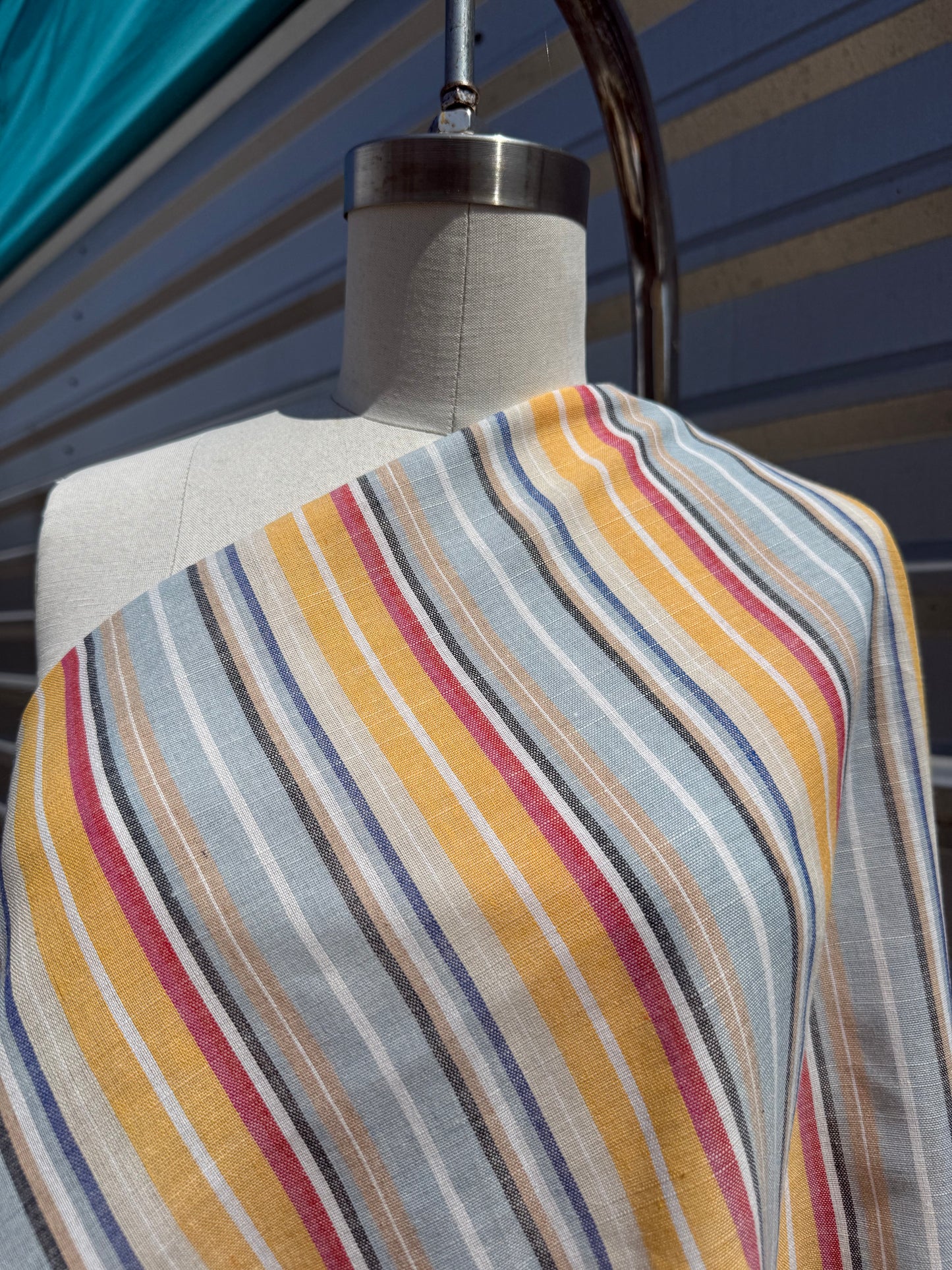 Blue Yellow Blue Red Vertical Stripe Cotton Gauze Woven "Pismo Beach"