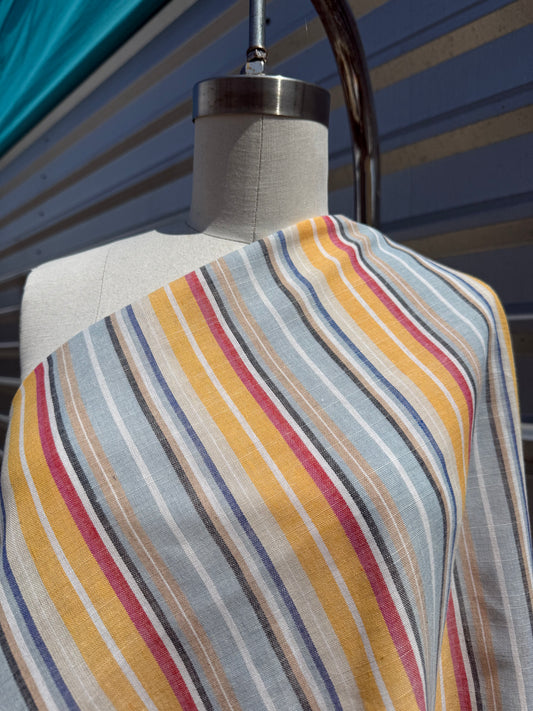 Blue Yellow Blue Red Vertical Stripe Cotton Gauze Woven "Pismo Beach"