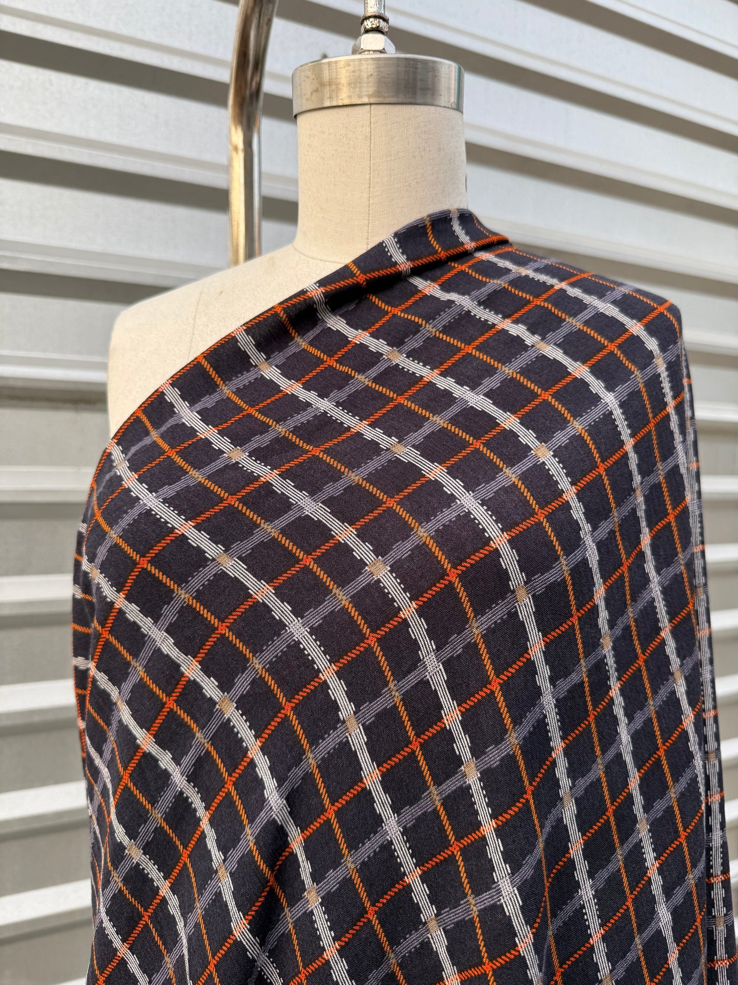 Yellow Orange White Blue Plaid Rope Motif Rayon Crepe "Roped Up"