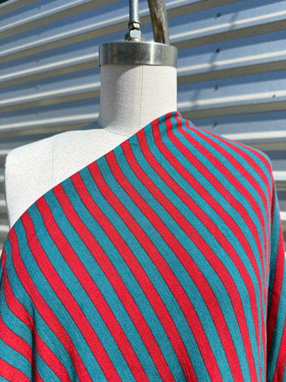 Red Teal Stripe Print Rayon Crepe Woven "Berlin"