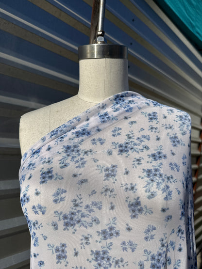 Blue White Floral Micro Stretch Mesh Polyester Spandex Knit "Delftware Bouquet "