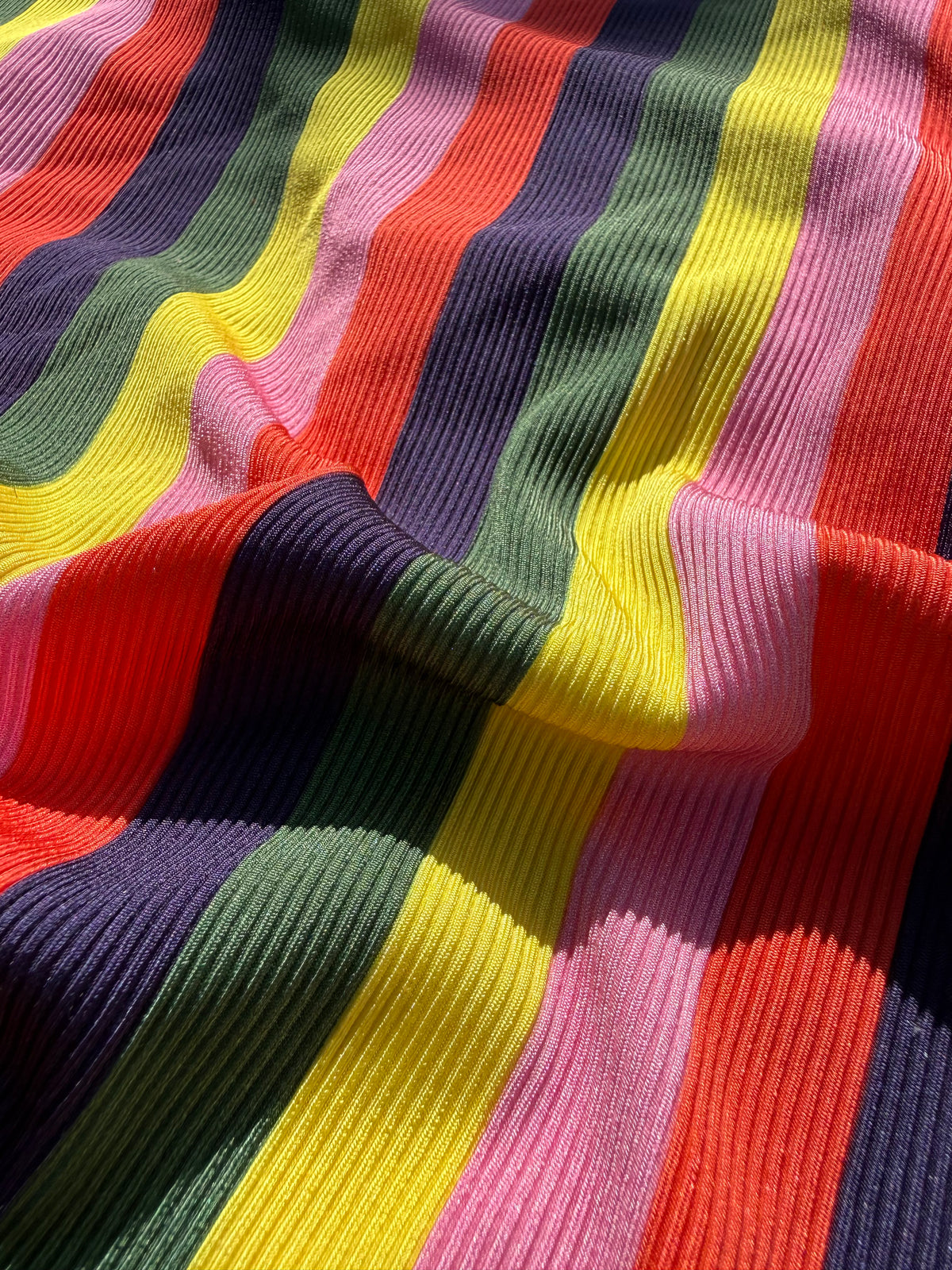 Rainbow 1” Stripe Polyester Spandex Rib Knit "Bold Blaze”