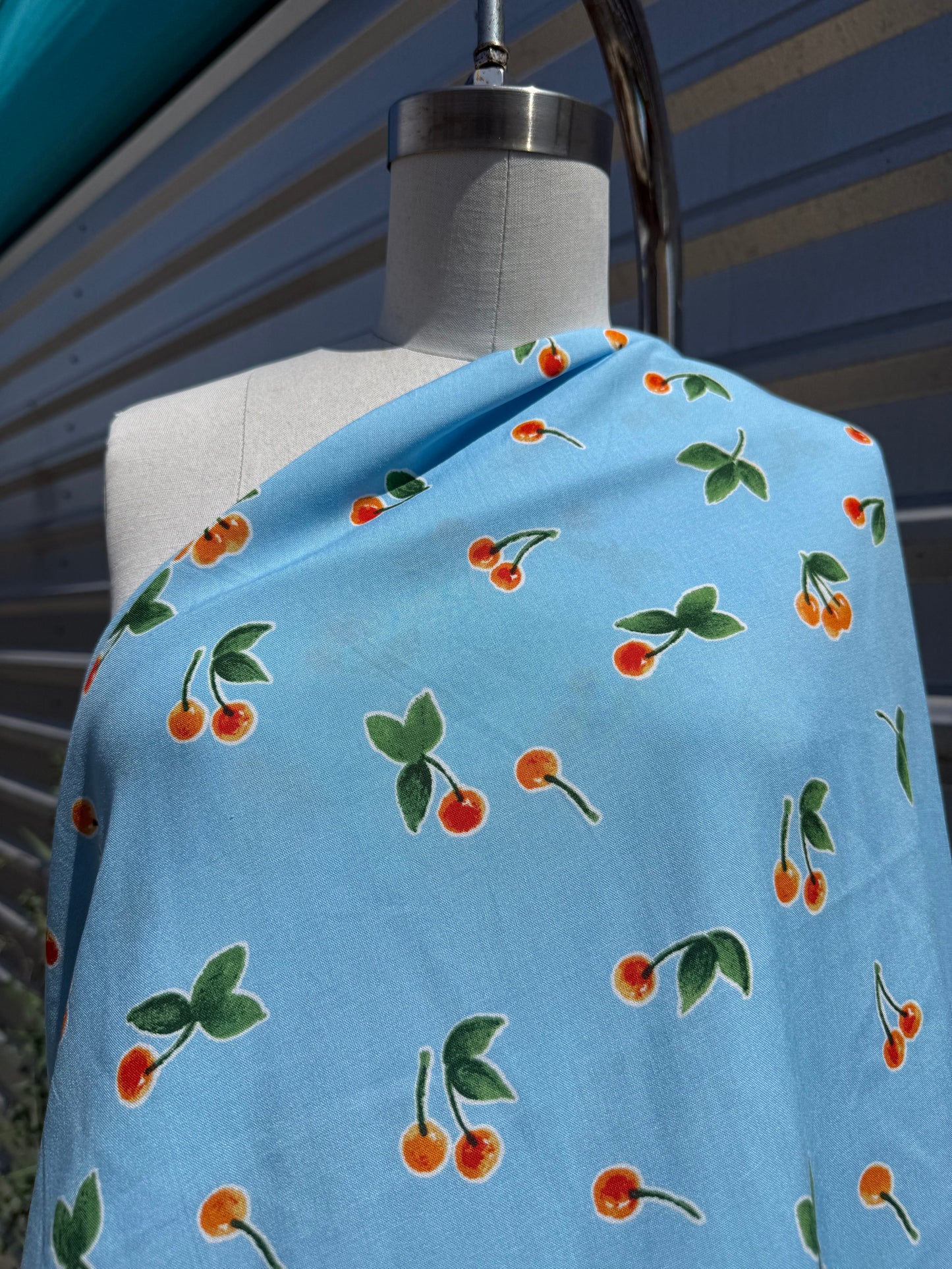 Blue Red Green Cherry Print Rayon Challis "Blue Ribbon Pie"