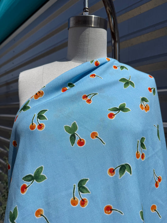 Blue Red Green Cherry Print Rayon Challis "Blue Ribbon Pie"