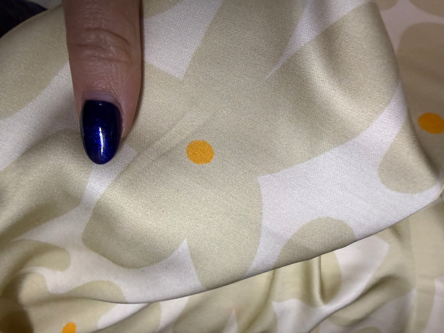 White Ivory Yellow Abstract Daisy Print Rayon Satin Woven “Sleepy Hippie”