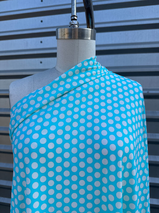 Aqua Blue White Polkadot Nylon Spandex Swim Knit "Dive in Palm Springs”