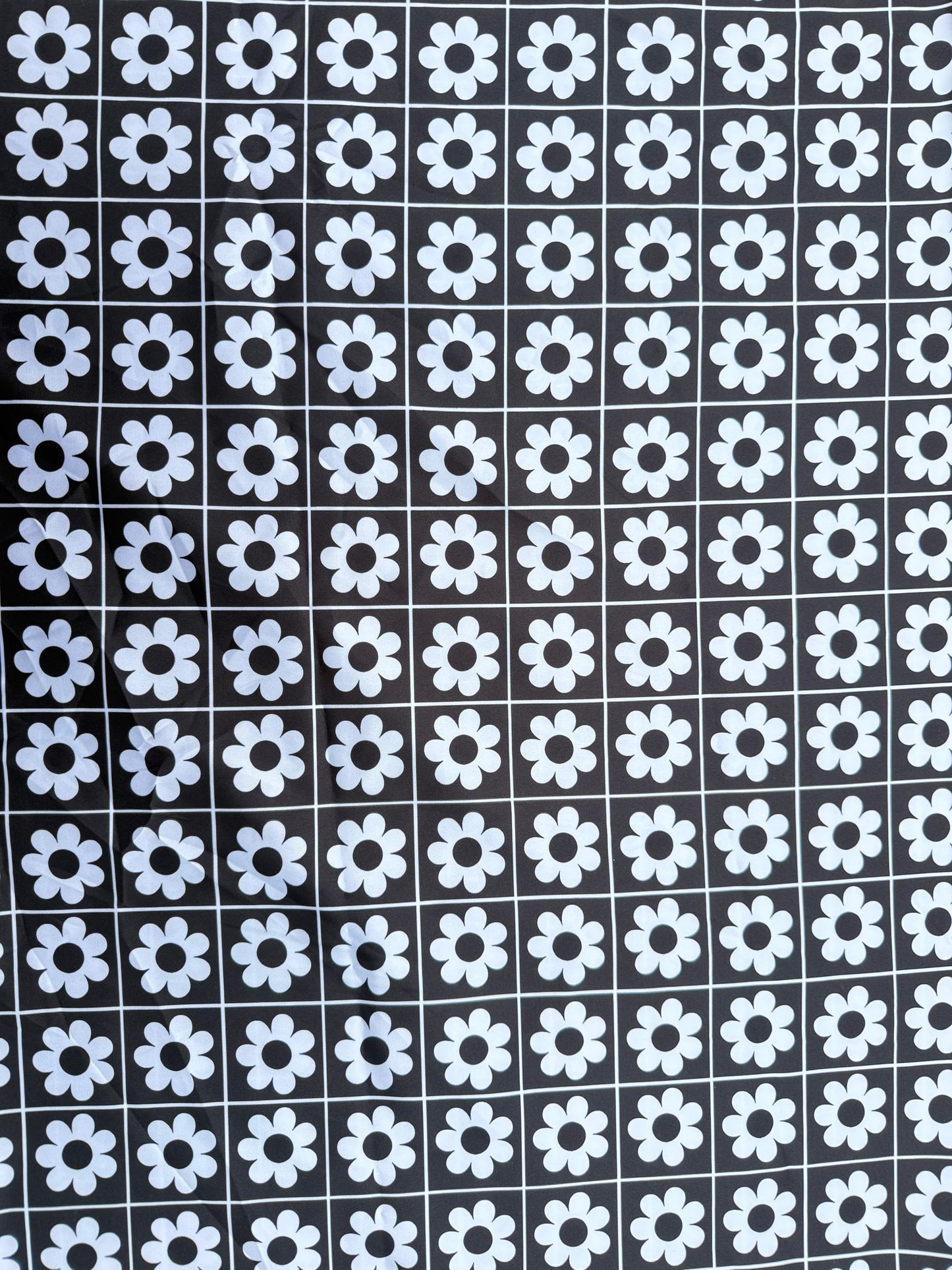 Black White Pop Floral Grid Print Polyester Charmeuse "Tic Tac Toe Daisy"
