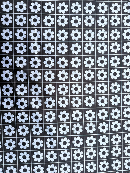 Black White Pop Floral Grid Print Polyester Charmeuse "Tic Tac Toe Daisy"