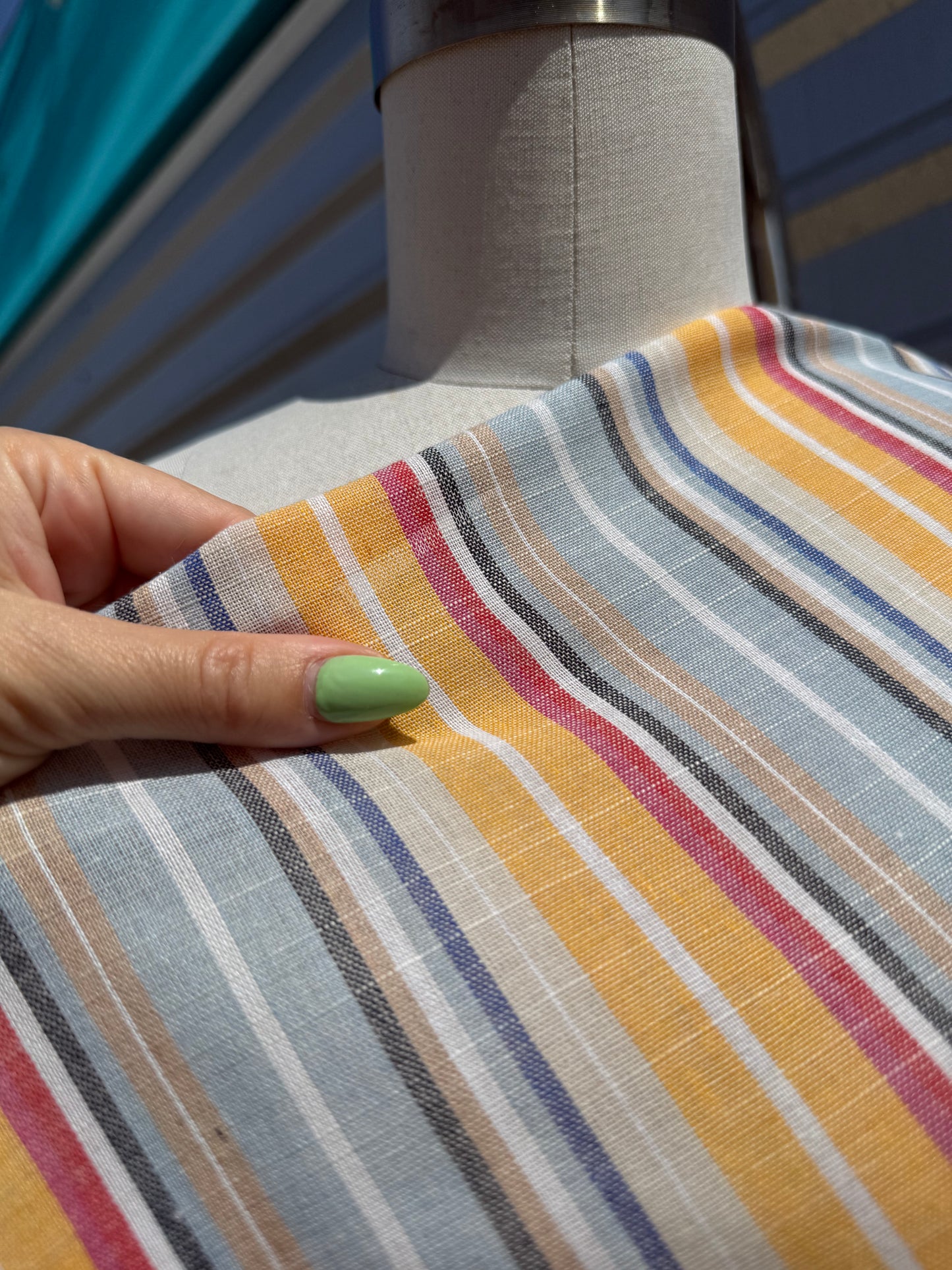 Blue Yellow Blue Red Vertical Stripe Cotton Gauze Woven "Pismo Beach"