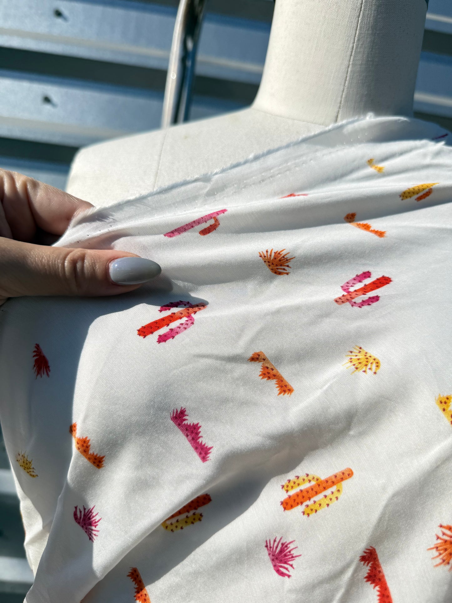 White Pink Cactus Desert Print Rayon Challis Woven "Tucson Sunset"