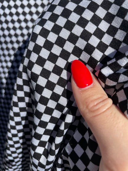 Grey Black Mini Checker Print Rayon Spandex Jersey "No Doubt on Tape"