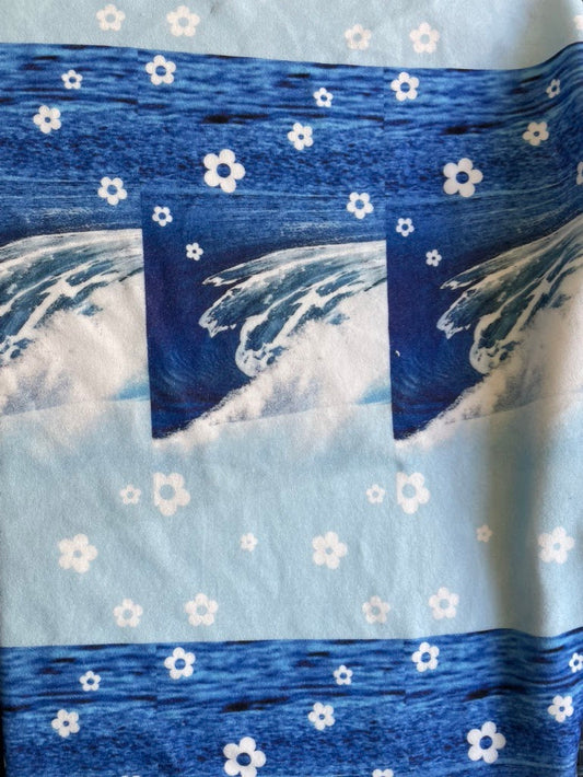 Blue White Ocean wave Mini Floral Terry Cloth Polyester Knit "Tidal Blooms"