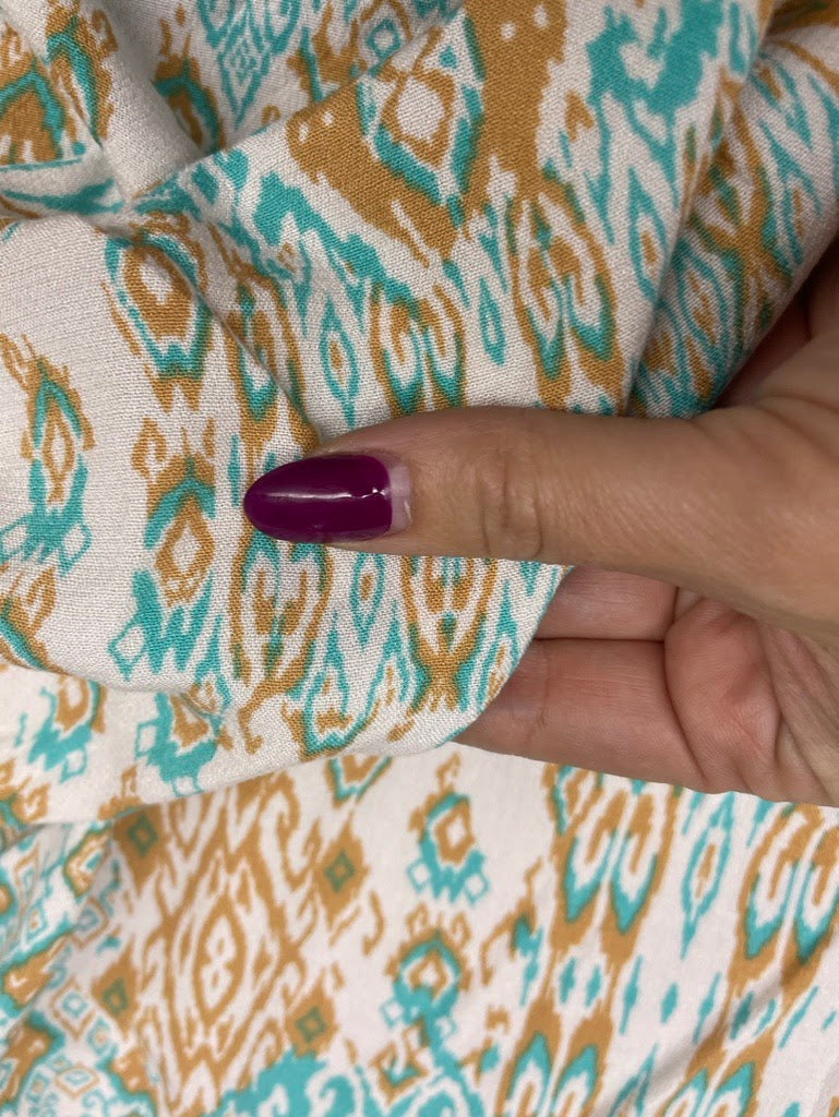 Turquoise Tan Brown White Southwest Geometric Print Rayon Soft Crepe Woven "Tuscon Breeze"