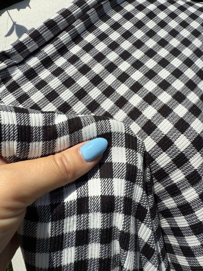 Black White Gingham Plaid 2x1 Rib Polyester Spandex Rib "Moody Picnic”