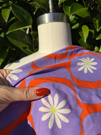 Purple Orange White Daisy Retro Rayon Challis Woven “Daisy Show”