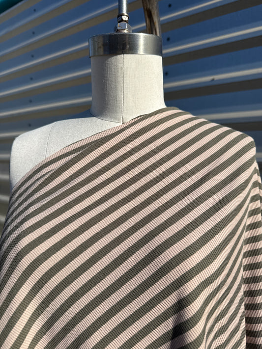Olive Green Taupe .5" Stripe 2x1 Soft Rayon Spandex Rib Knit "Ground Cherry"