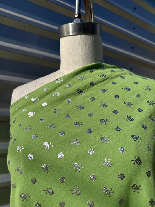 Lime Green Silver Skull Print Cotton Spandex Jersey Knit “Me Silver"