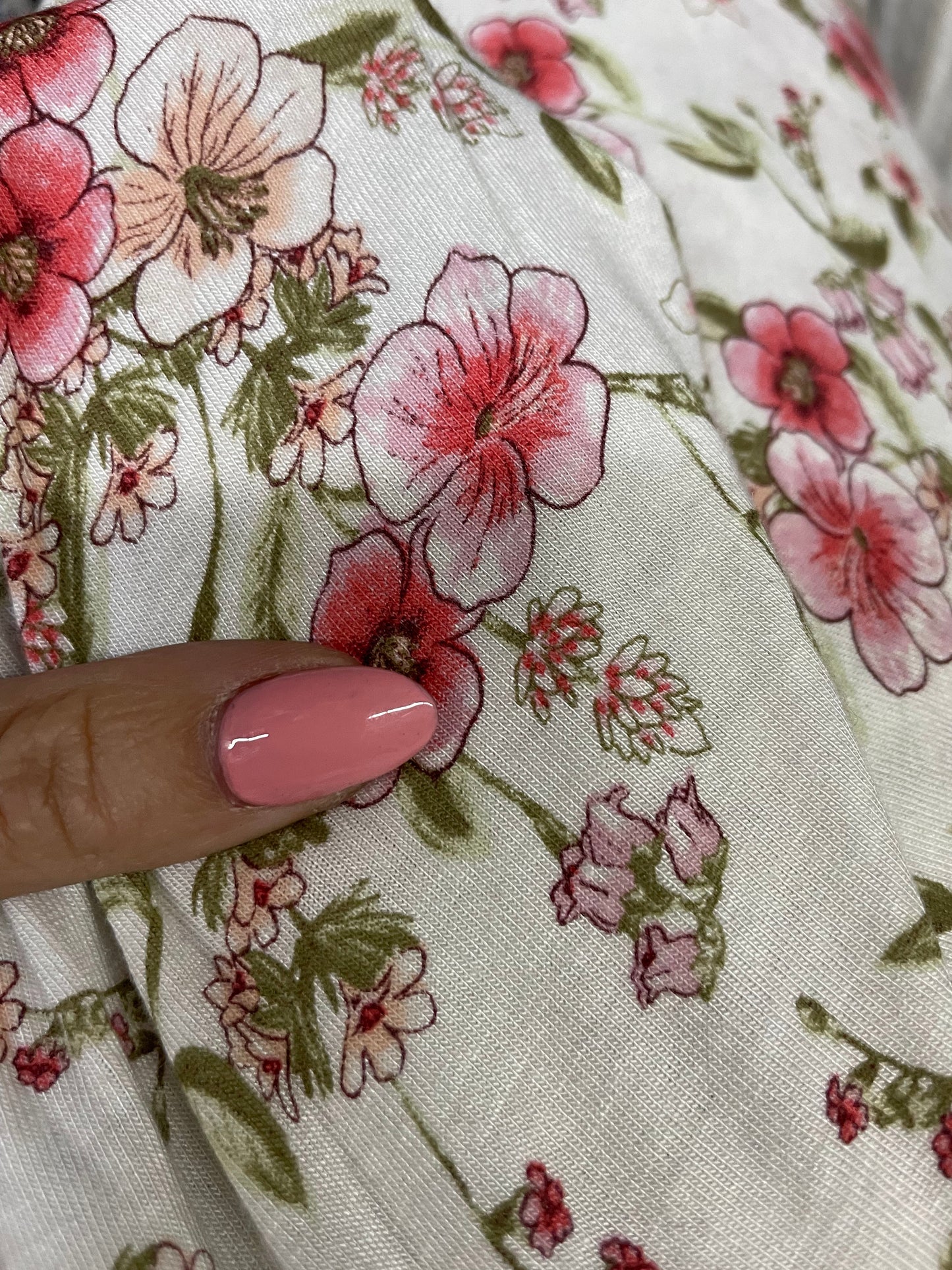 Pink White Green Floral Rayon Spandex Jersey "Wax Flower Garden"