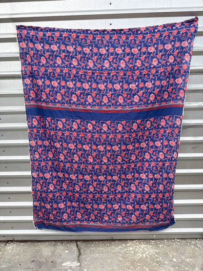 Blue Red Floral Paisley Flower Print Cotton Gauze Woven "Dance in Bali"