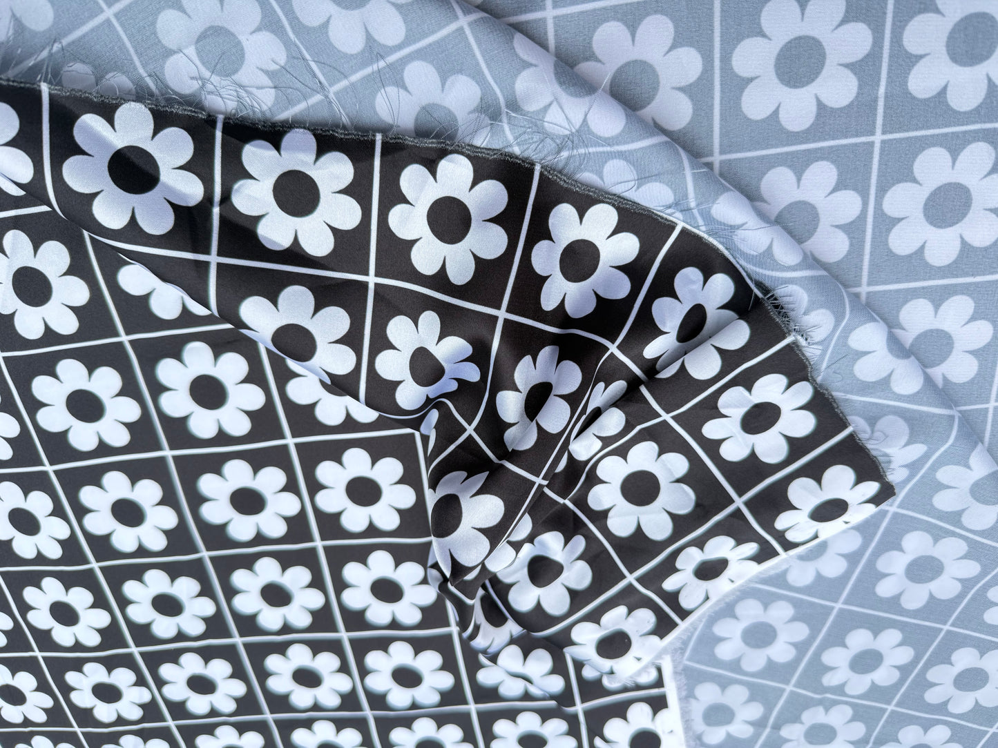 Black White Pop Floral Grid Print Polyester Charmeuse "Tic Tac Toe Daisy"