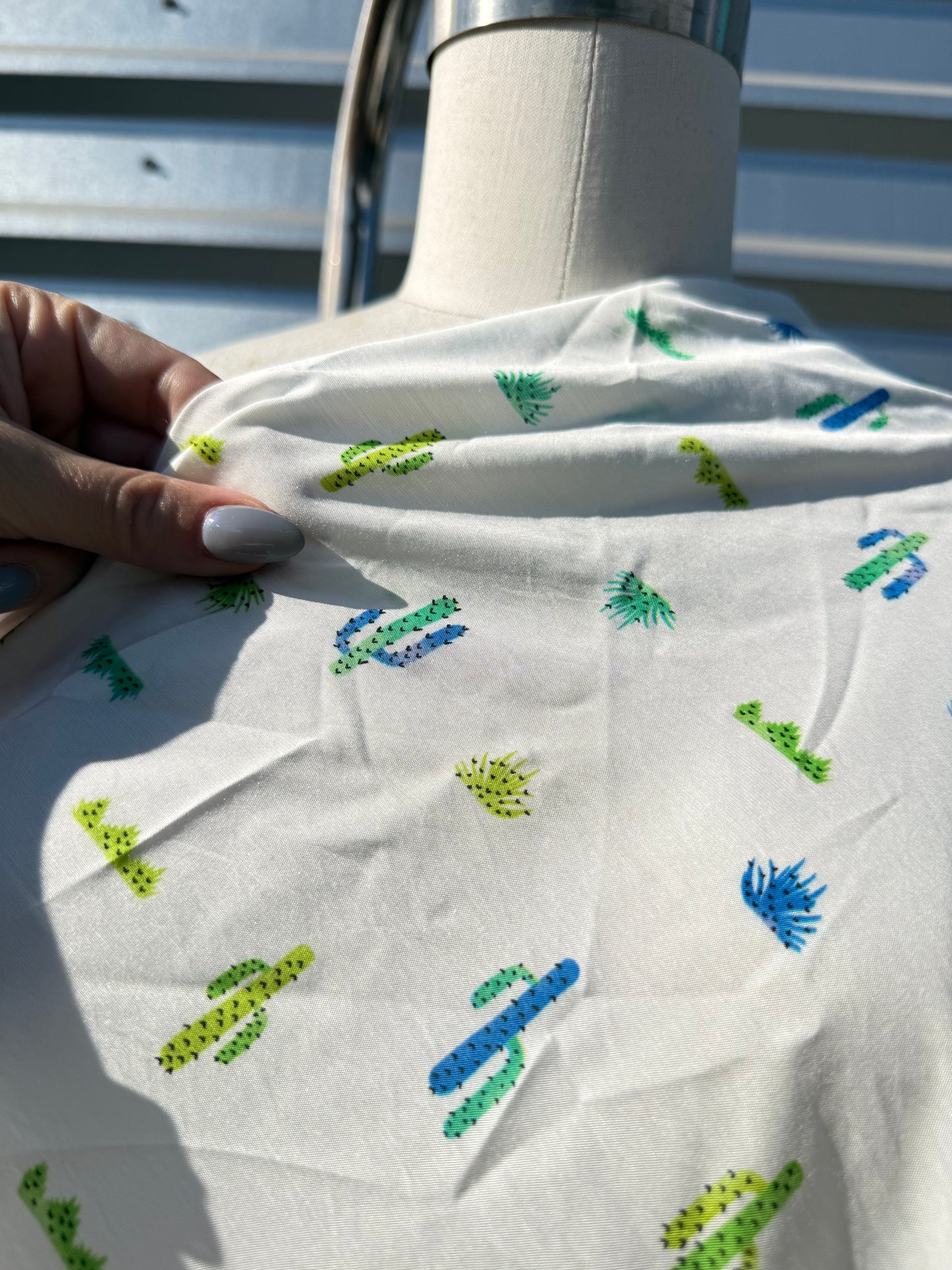 White Green Cactus Desert Print Rayon Challis Woven "Scottsdale Bound"